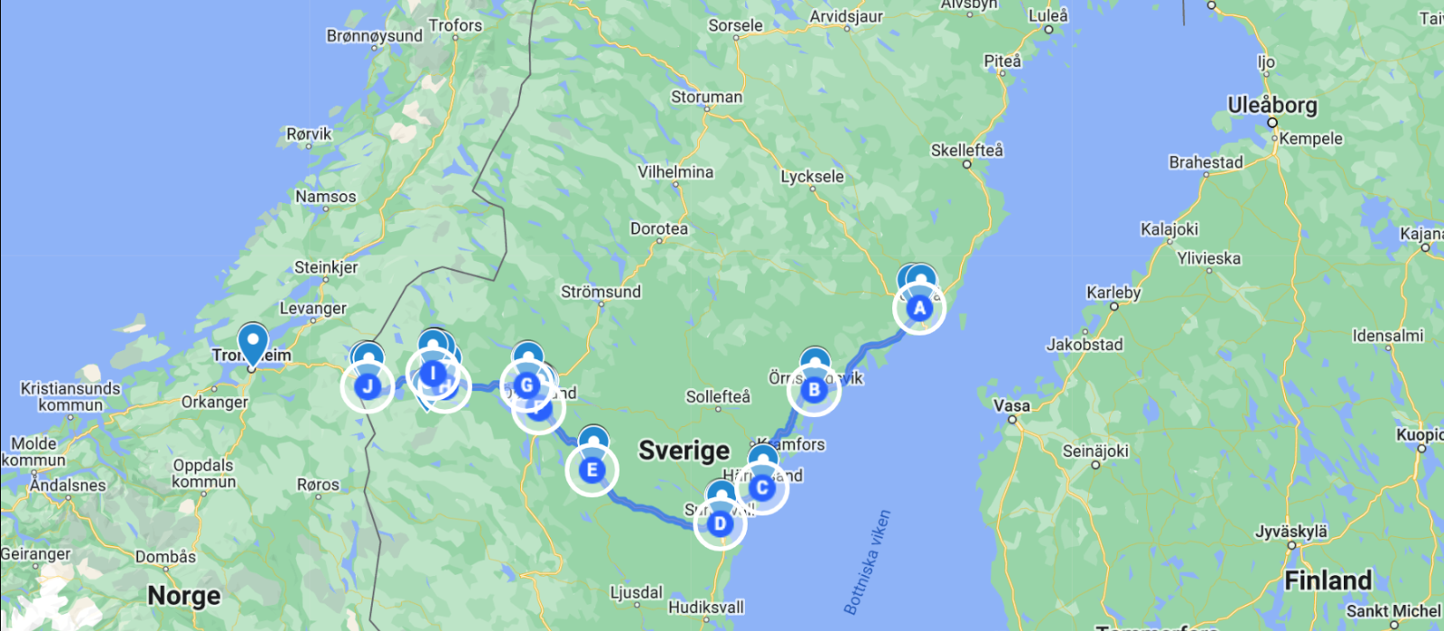 Adventurous family trips - By train from the coast to the Swedish mountains. Google Maps