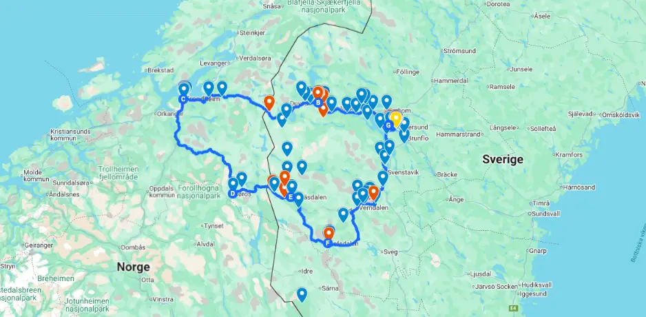Map of Roundtrip Adventure Sweden and Mid-Norway