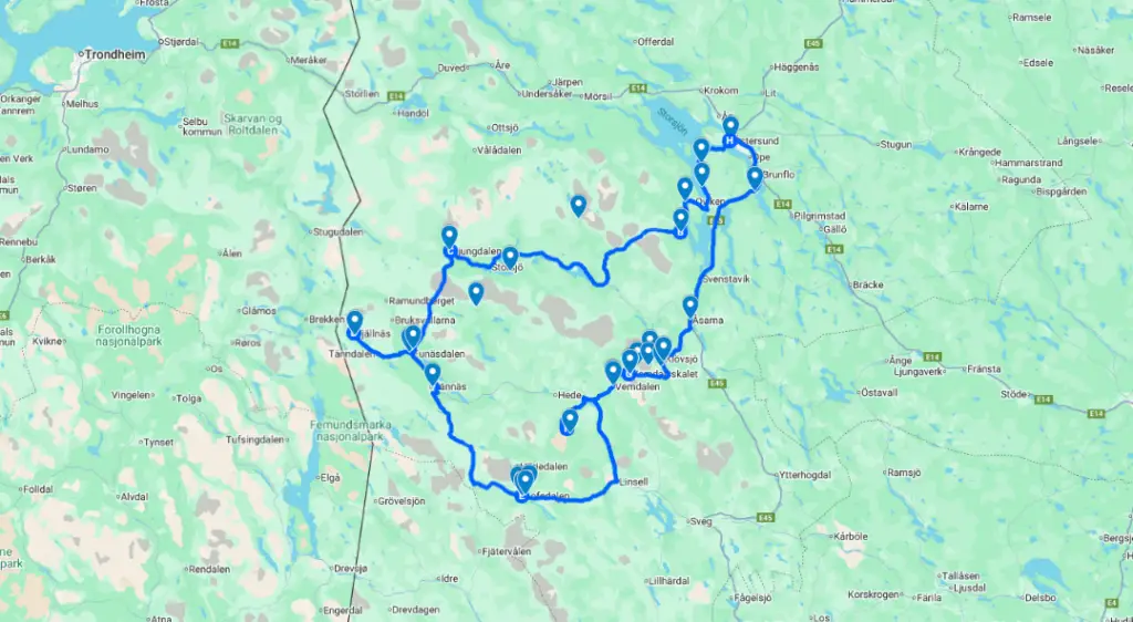 karta Södra rundturen Google maps Östersund-Ljungdalen-Funäsdalen-Lofsdalen-Vemdalen-Östersund